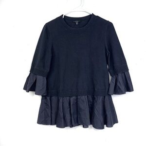 COS Navy Blue Mixed Media Knitted Sweater With Shirt Detail Ruffle Hem Size XS